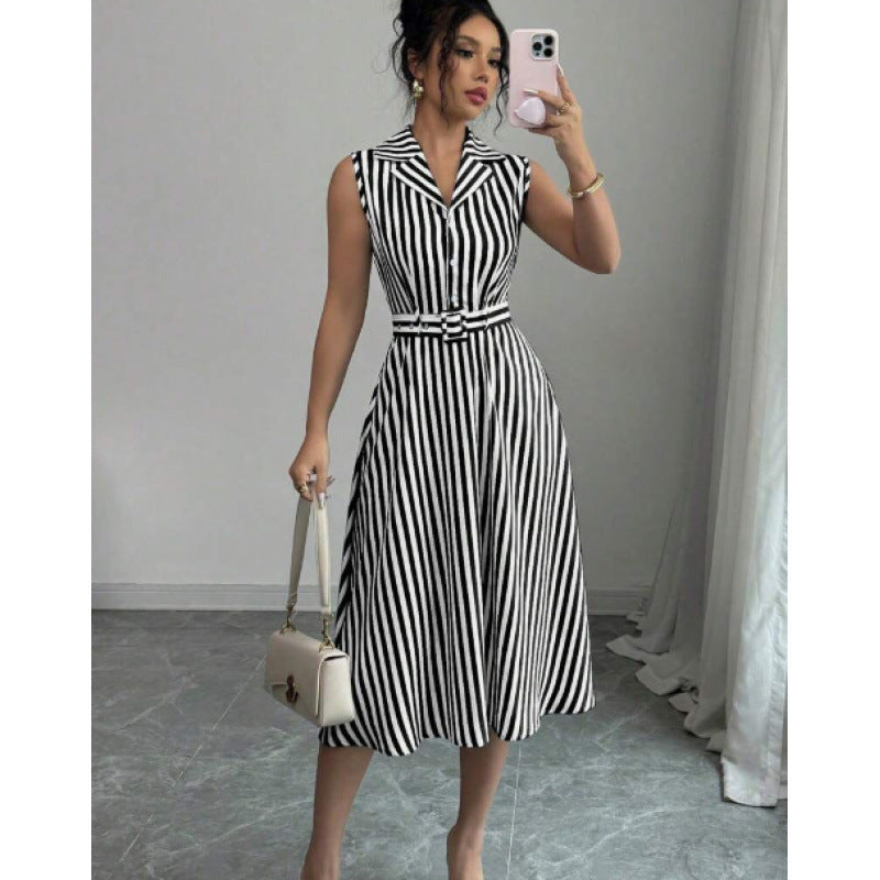 Womens Striped Waist-Cinching Elegant Maxi Dress