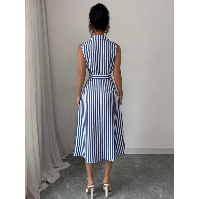 Womens Striped Waist-Cinching Elegant Maxi Dress