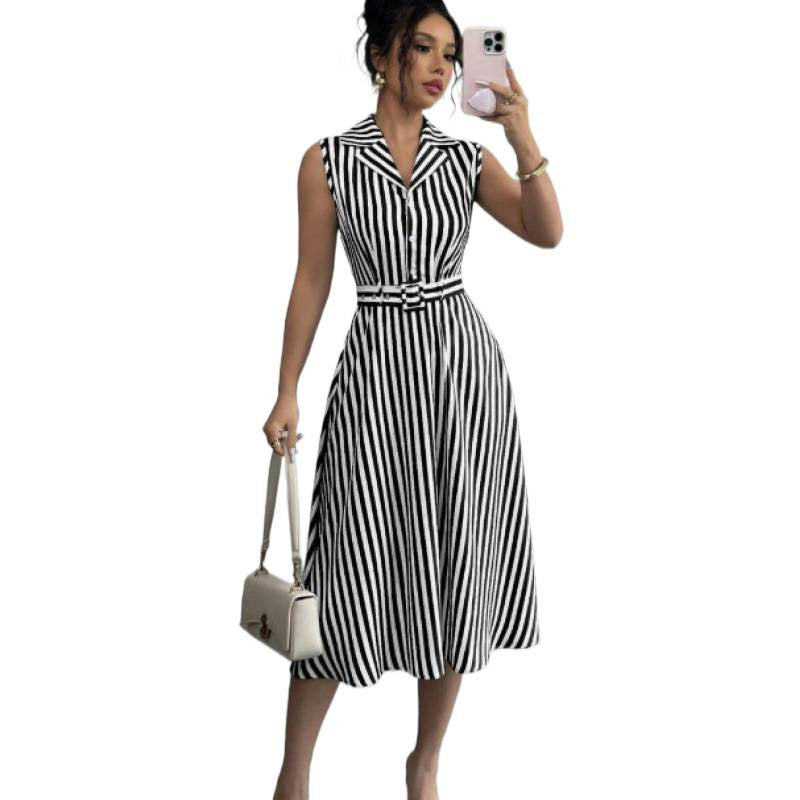 Womens Striped Waist-Cinching Elegant Maxi Dress