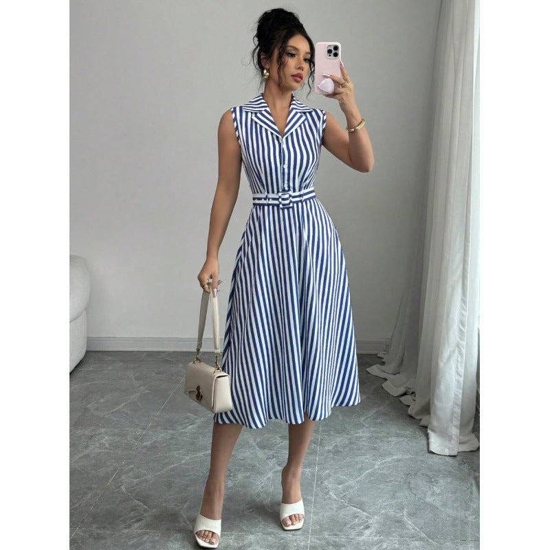 Womens Striped Waist-Cinching Elegant Maxi Dress
