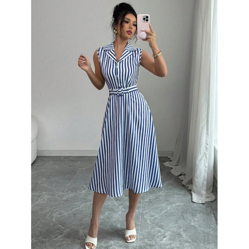 Womens Striped Waist-Cinching Elegant Maxi Dress