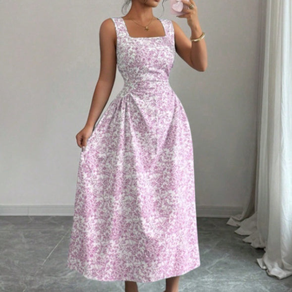 Womens Slimming Square-neck Printed Sleeveless Maxi Dress