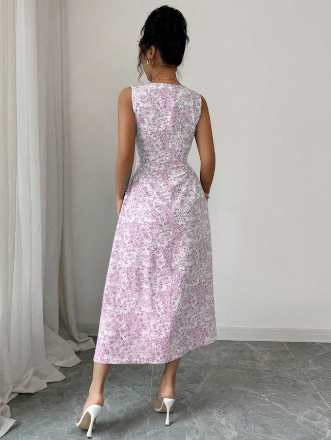 Womens Slimming Square-neck Printed Sleeveless Maxi Dress