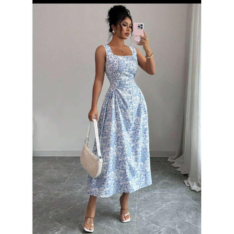 Womens Slimming Square-neck Printed Sleeveless Maxi Dress