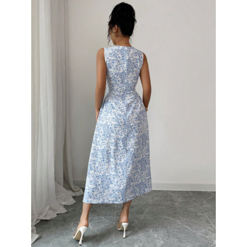 Womens Slimming Square-neck Printed Sleeveless Maxi Dress