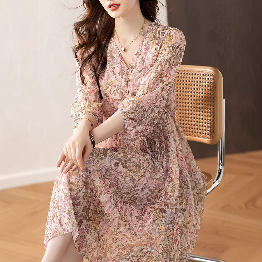 Elegant Three-Quarter-Sleeve Chiffon Maxi Dress for Ladies