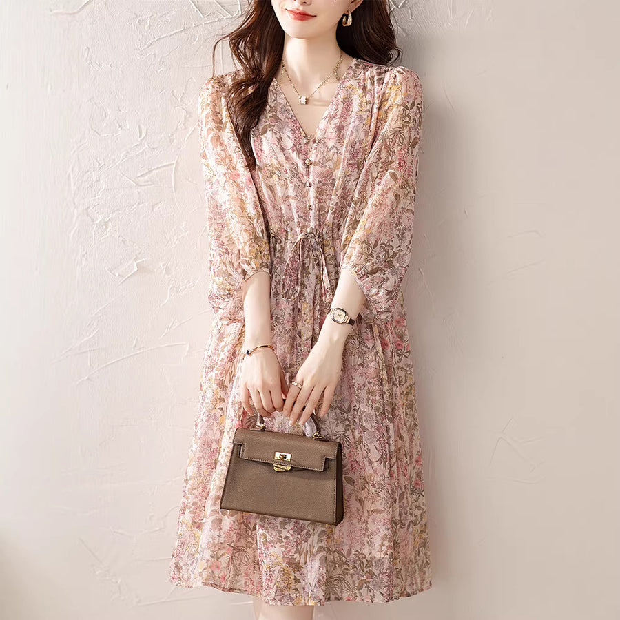 Elegant Three-Quarter-Sleeve Chiffon Maxi Dress for Ladies