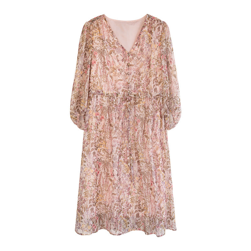Elegant Three-Quarter-Sleeve Chiffon Maxi Dress for Ladies
