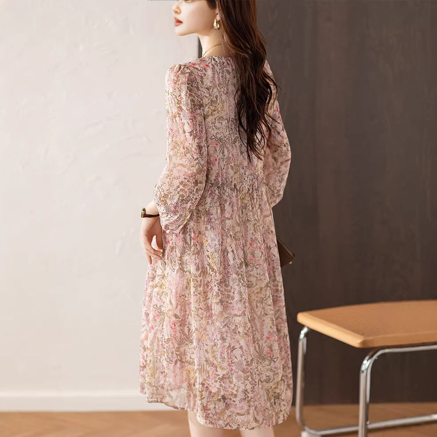 Elegant Three-Quarter-Sleeve Chiffon Maxi Dress for Ladies