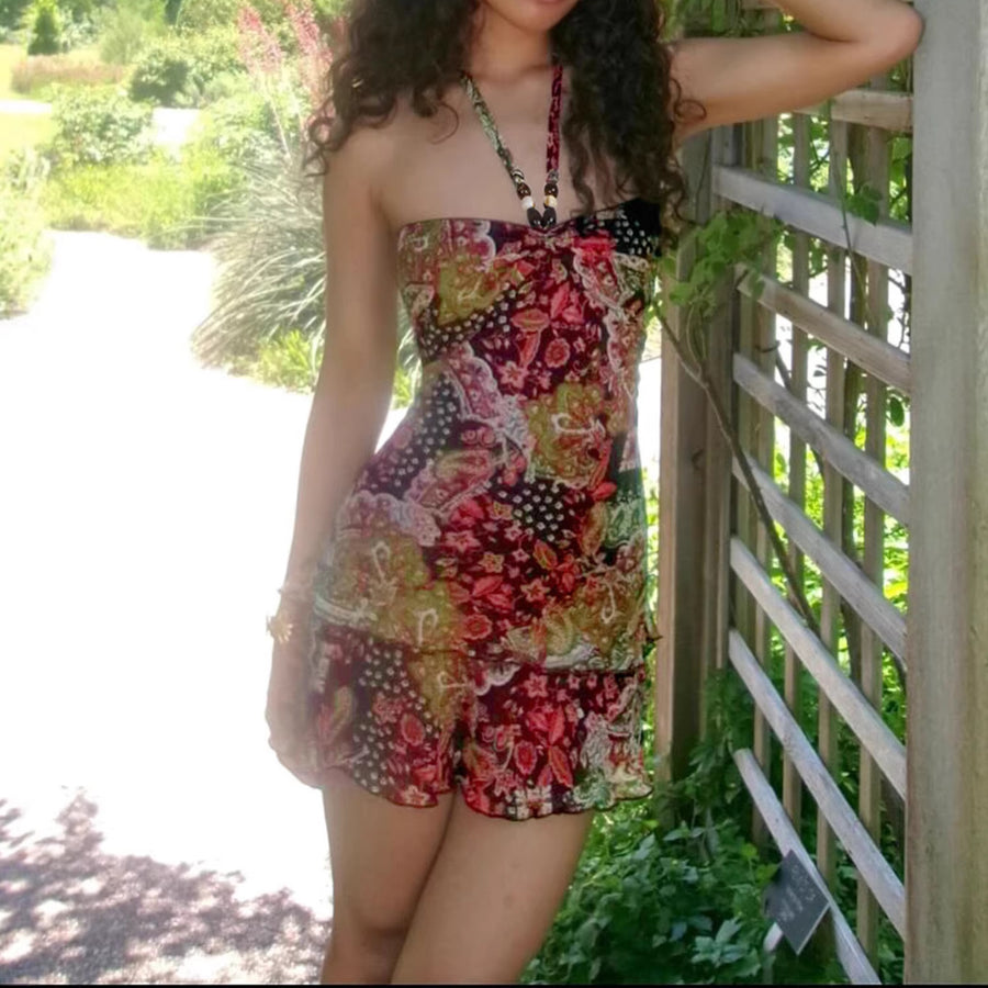 American-style Halter-neck Maxi Dress with Ruffled Hem