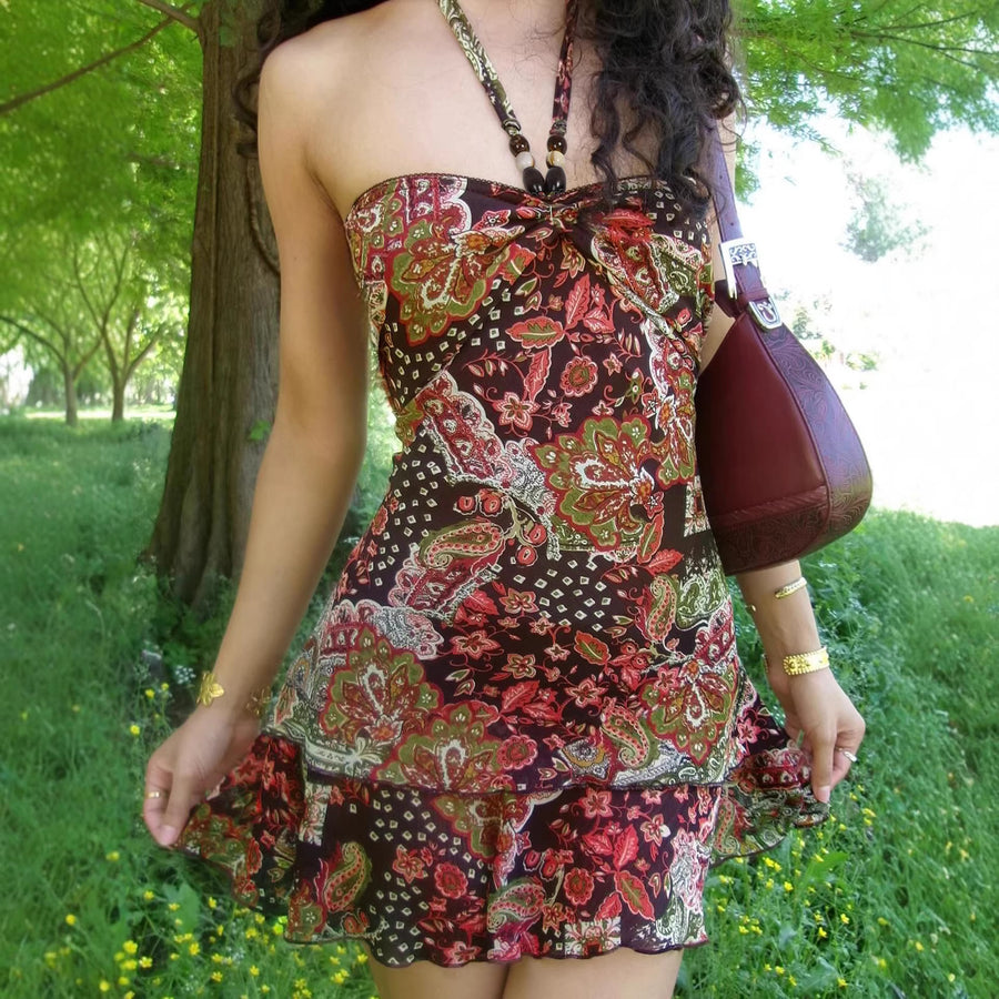 American-style Halter-neck Maxi Dress with Ruffled Hem