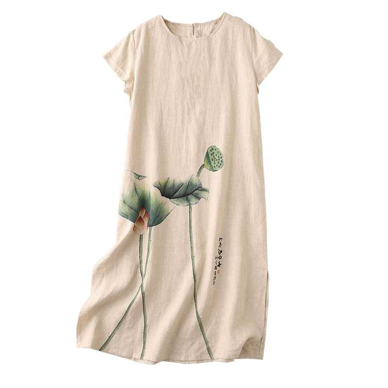 Ink-wash Linen Hand-painted Maxi Dress for Elegant Ladies