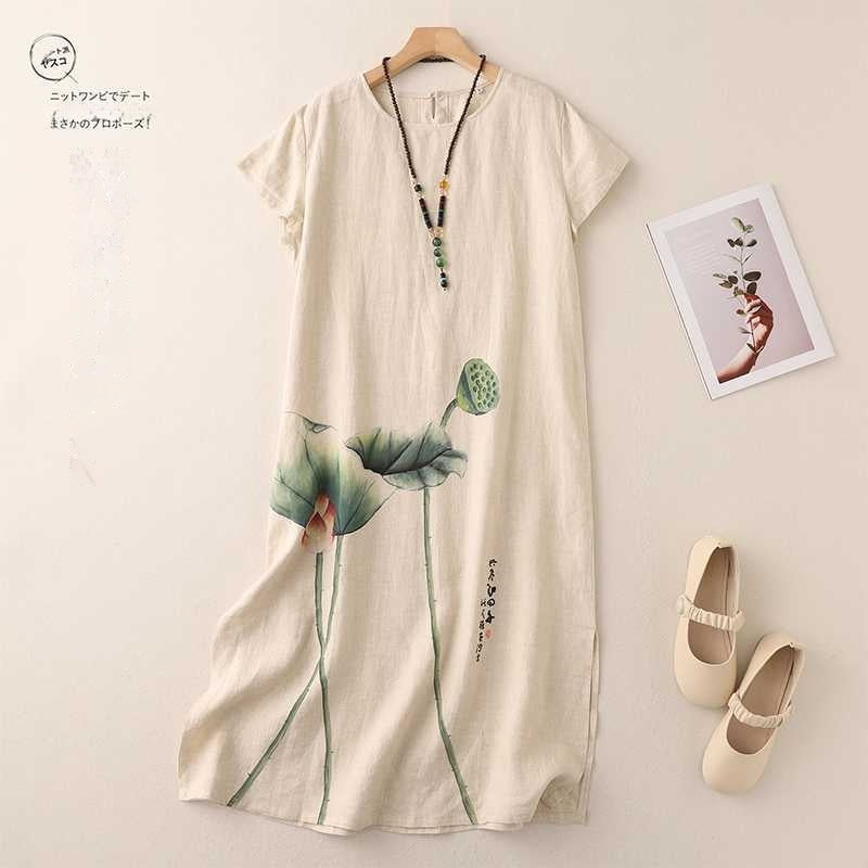 Ink-wash Linen Hand-painted Maxi Dress for Elegant Ladies