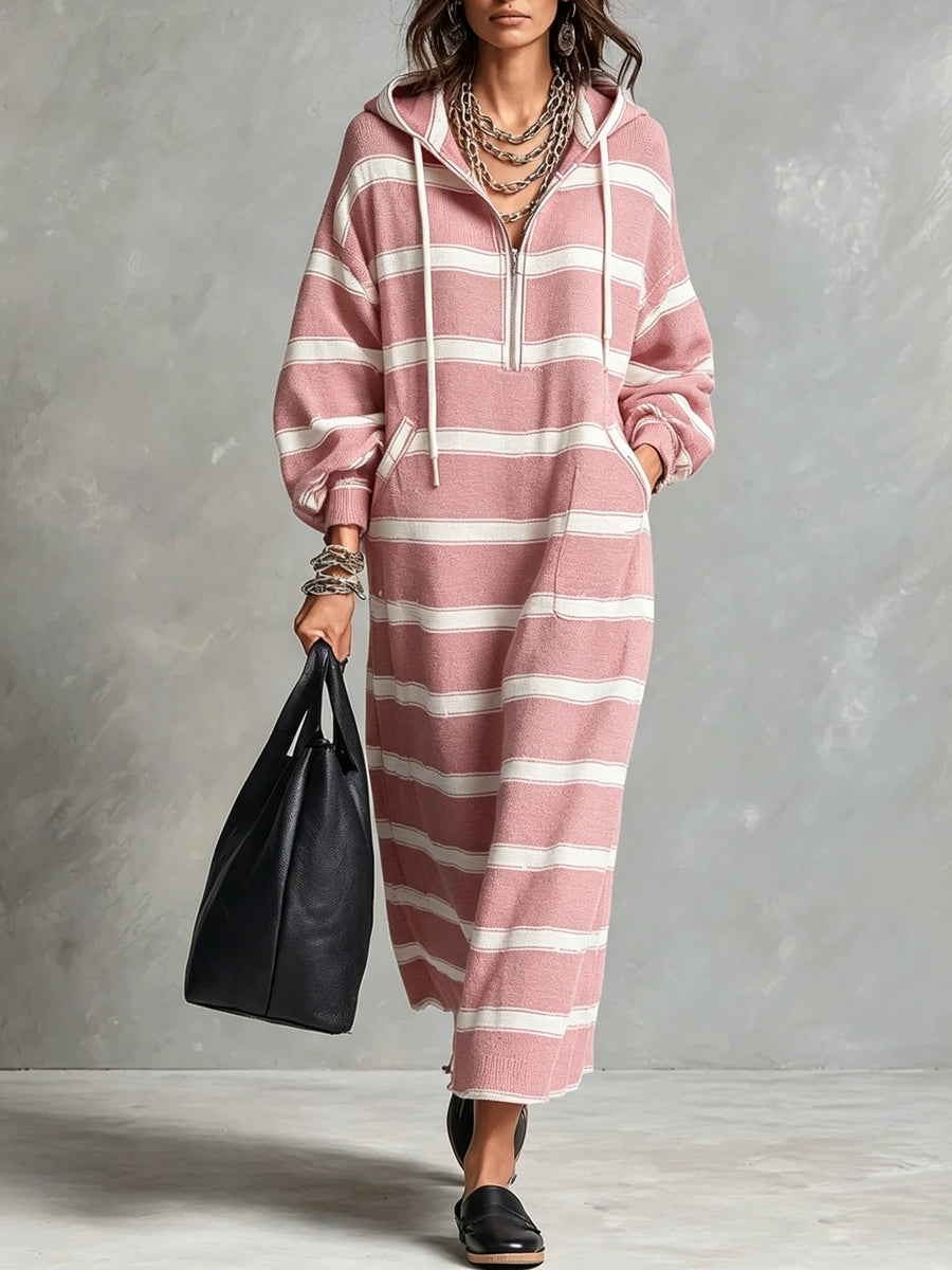 Womens Loose-Fit Printed Hoodie Dress with Half-Zip