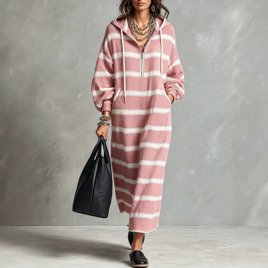 Womens Loose-Fit Printed Hoodie Dress with Half-Zip