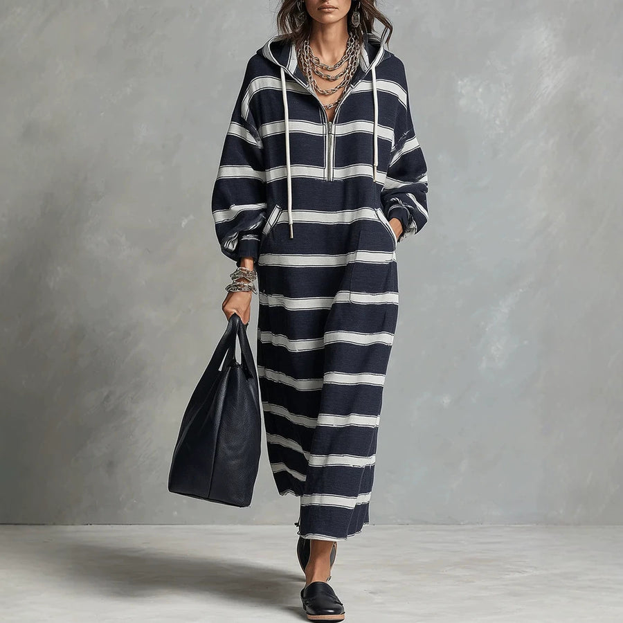 Womens Loose-Fit Printed Hoodie Dress with Half-Zip
