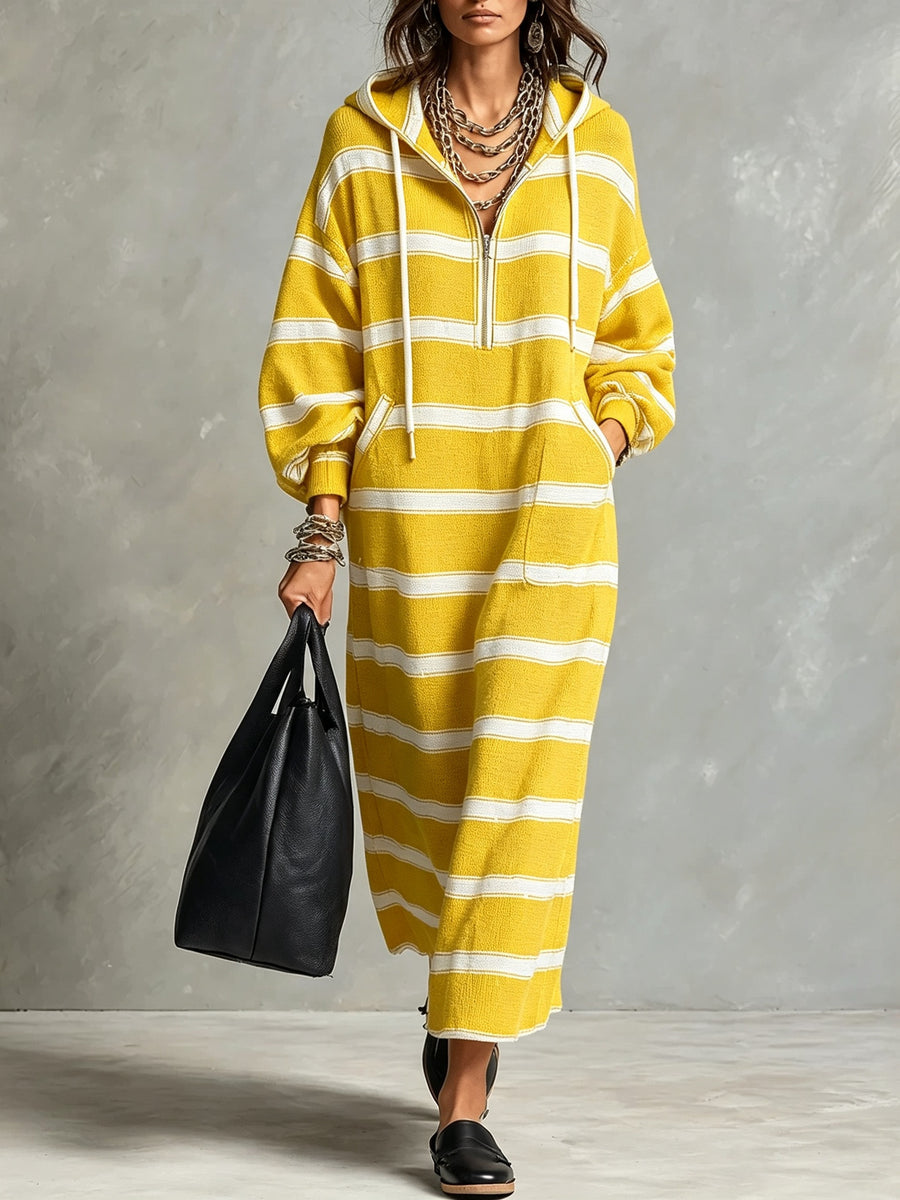 Womens Loose-Fit Printed Hoodie Dress with Half-Zip