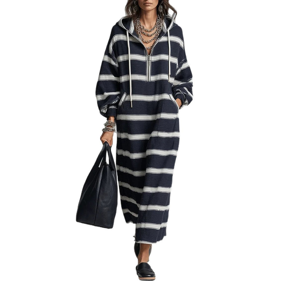 Womens Loose-Fit Printed Hoodie Dress with Half-Zip