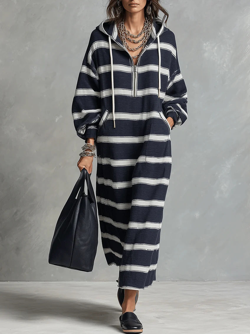 Womens Loose-Fit Printed Hoodie Dress with Half-Zip