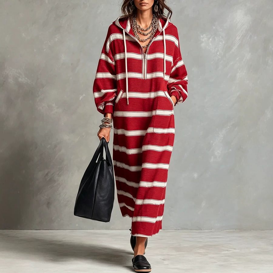Womens Loose-Fit Printed Hoodie Dress with Half-Zip