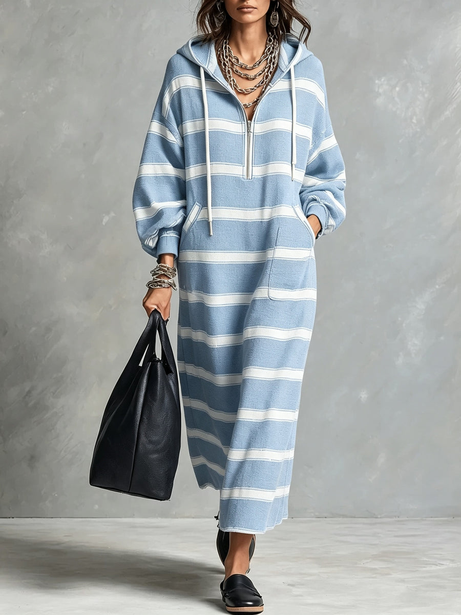 Womens Loose-Fit Printed Hoodie Dress with Half-Zip