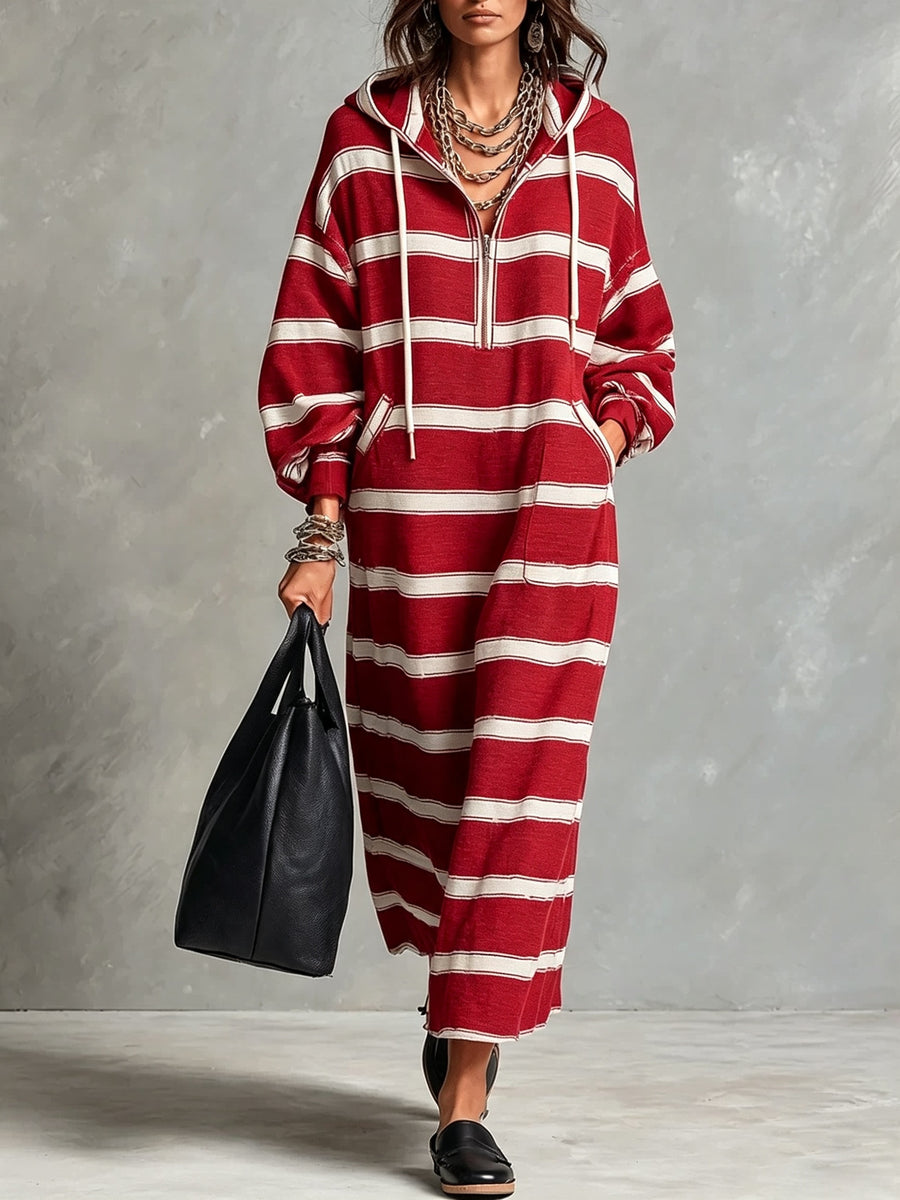 Womens Loose-Fit Printed Hoodie Dress with Half-Zip