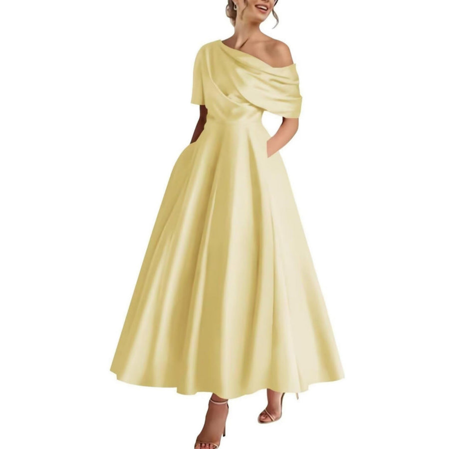Satin Off-the-shoulder Draped Waist Maxi Dress