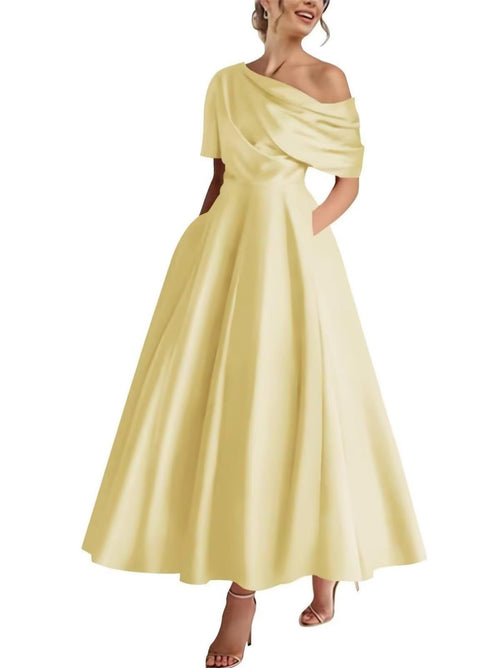 Satin Off-the-shoulder Draped Waist Maxi Dress