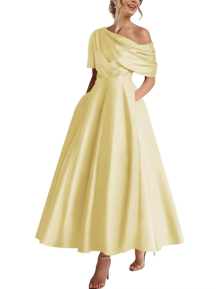 Satin Off-the-shoulder Draped Waist Maxi Dress