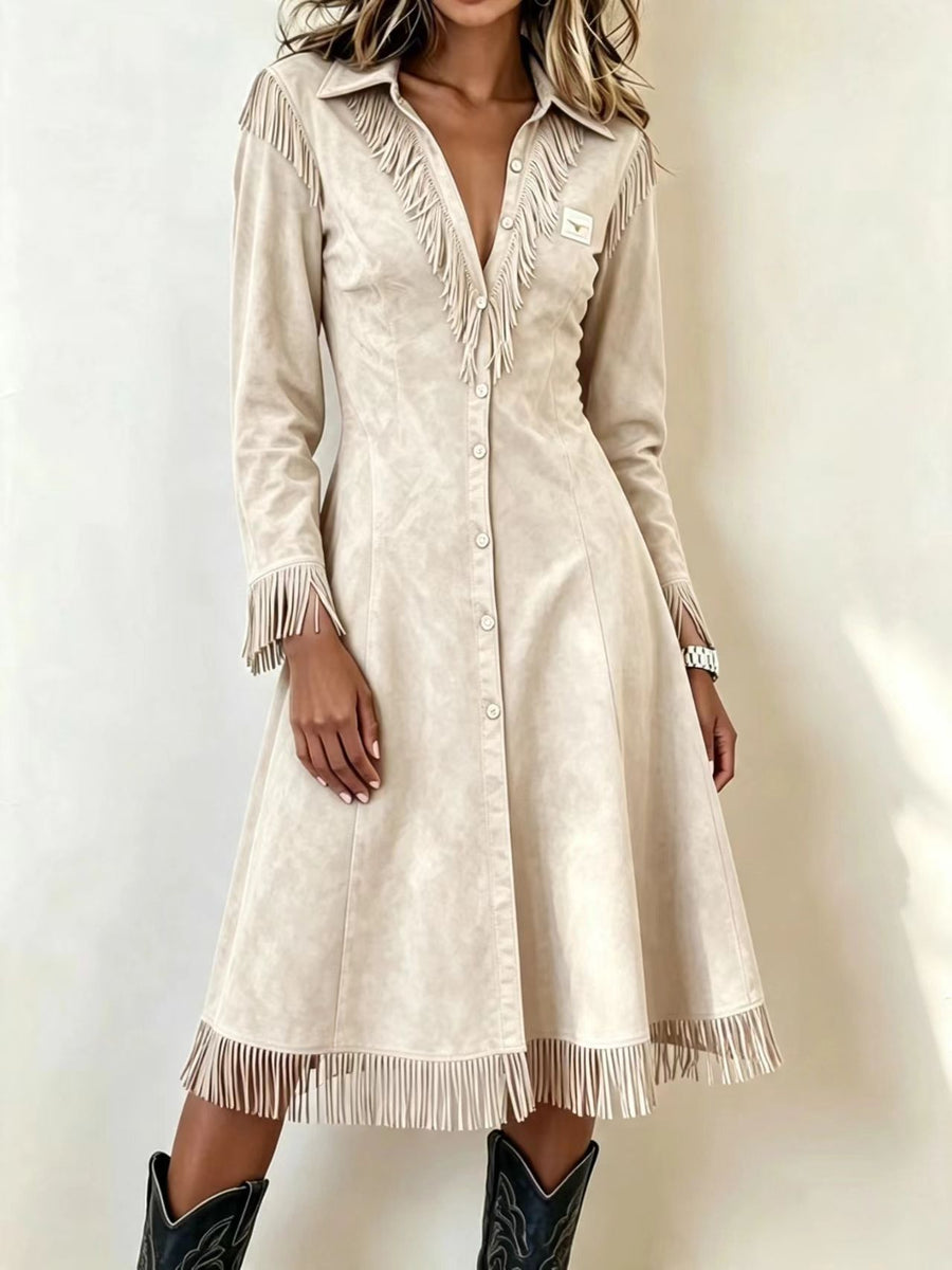 Fringed Slim-fit Long-sleeve V-neck Shirt Dress - Maxi Dress