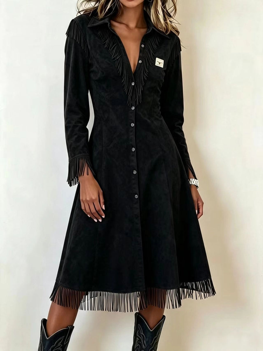 Fringed Slim-fit Long-sleeve V-neck Shirt Dress - Maxi Dress
