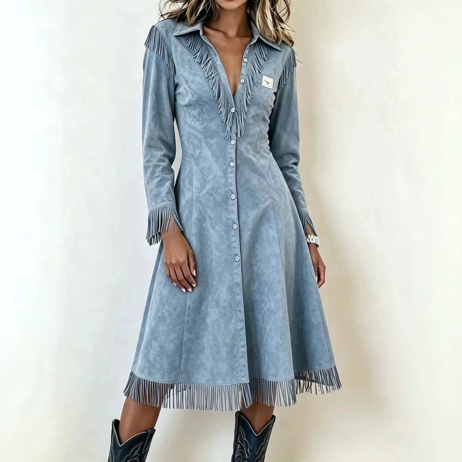 Fringed Slim-fit Long-sleeve V-neck Shirt Dress - Maxi Dress