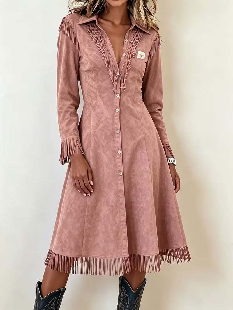 Fringed Slim-fit Long-sleeve V-neck Shirt Dress - Maxi Dress