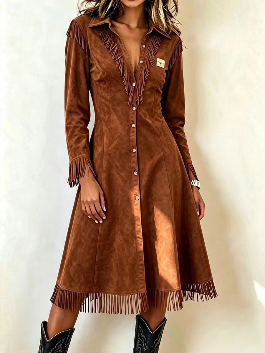 Fringed Slim-fit Long-sleeve V-neck Shirt Dress - Maxi Dress