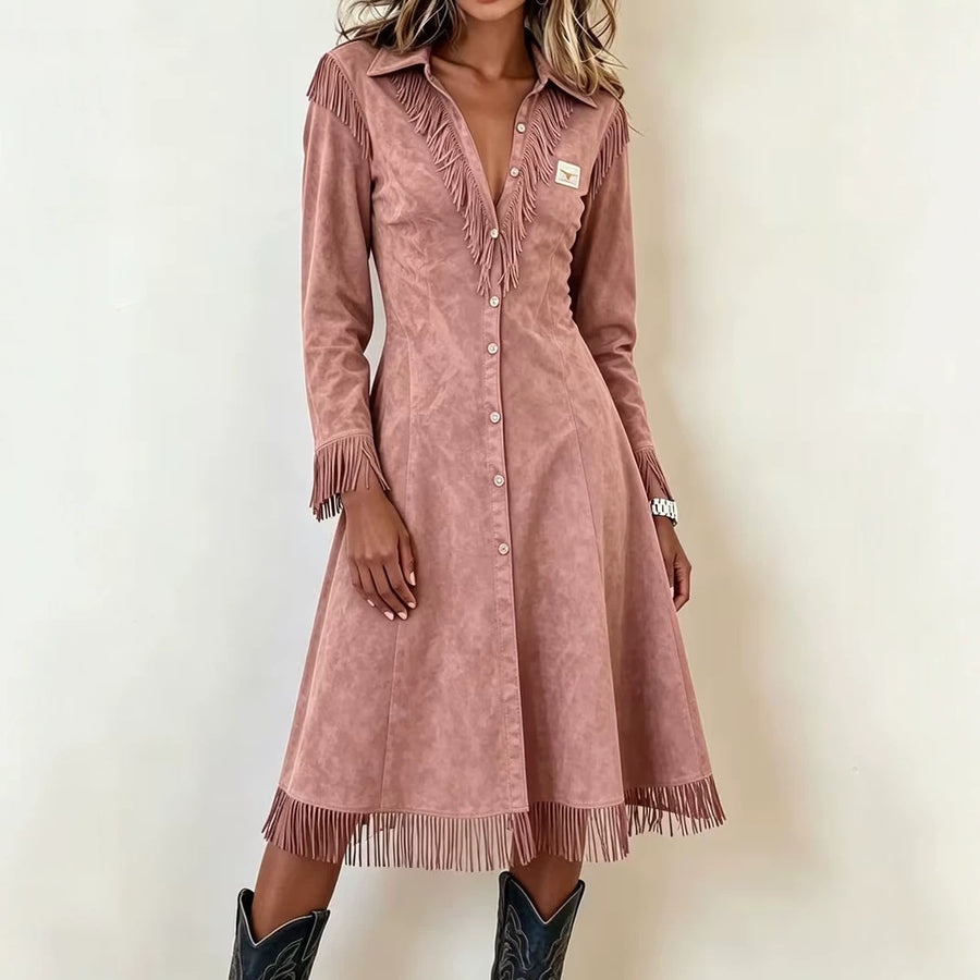 Fringed Slim-fit Long-sleeve V-neck Shirt Dress - Maxi Dress