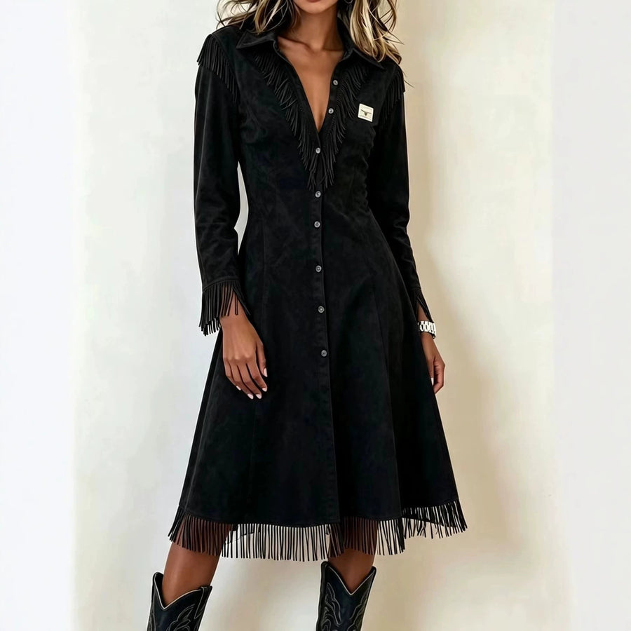 Fringed Slim-fit Long-sleeve V-neck Shirt Dress - Maxi Dress