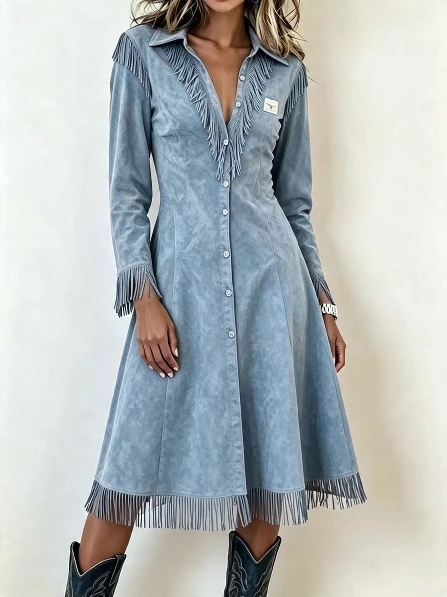 Fringed Slim-fit Long-sleeve V-neck Shirt Dress - Maxi Dress