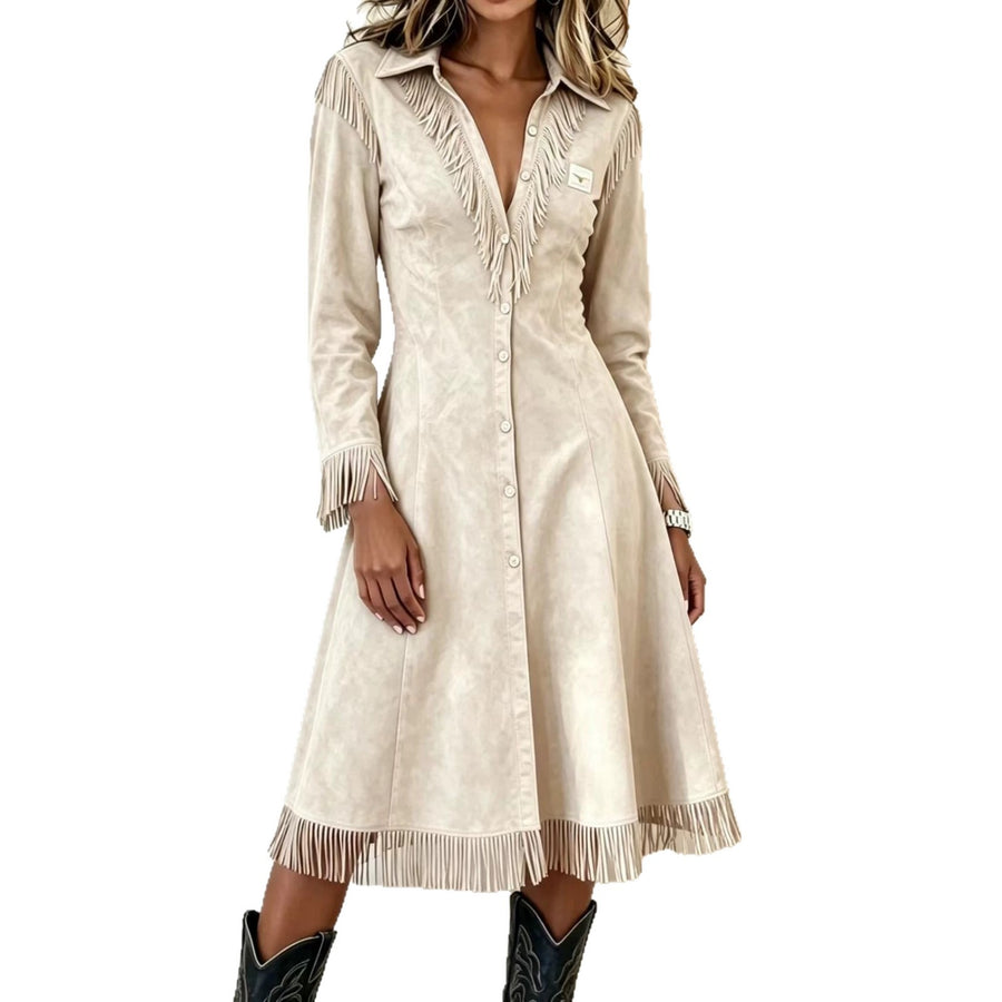 Fringed Slim-fit Long-sleeve V-neck Shirt Dress - Maxi Dress