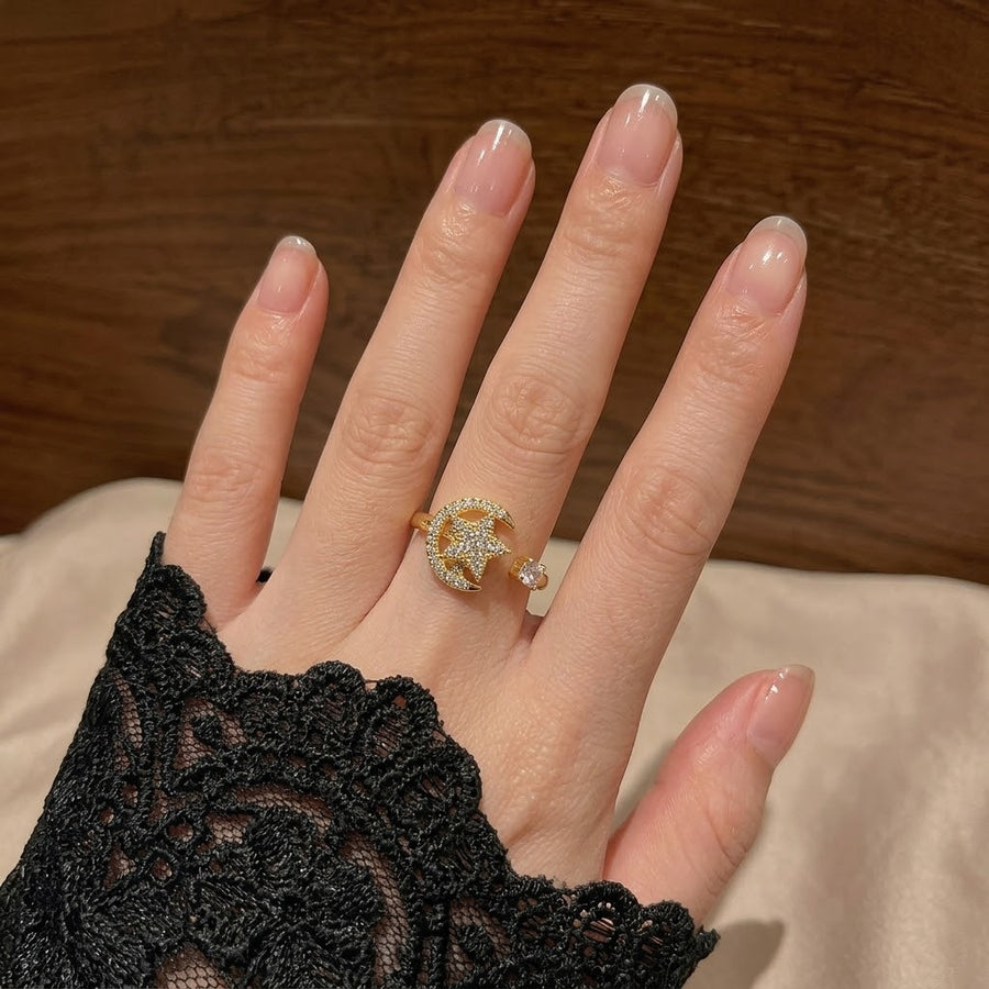 Female Star Moon Zircon Open Ring - Unique Statement Ring