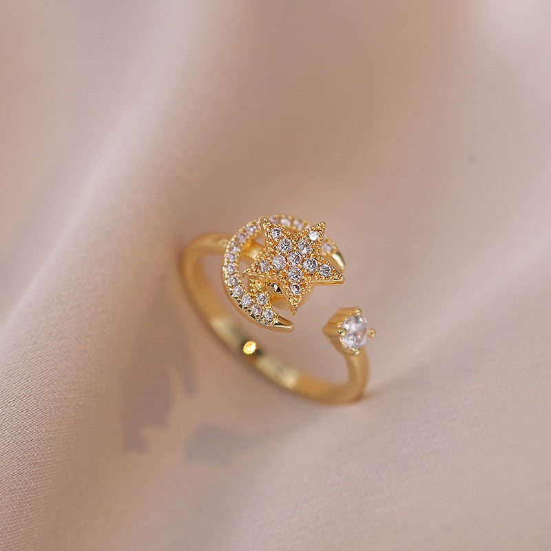 Female Star Moon Zircon Open Ring - Unique Statement Ring