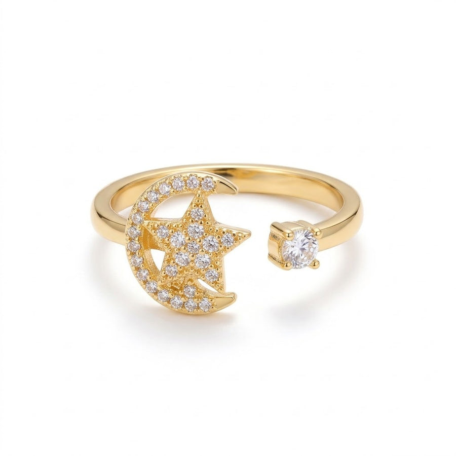 Female Star Moon Zircon Open Ring - Unique Statement Ring