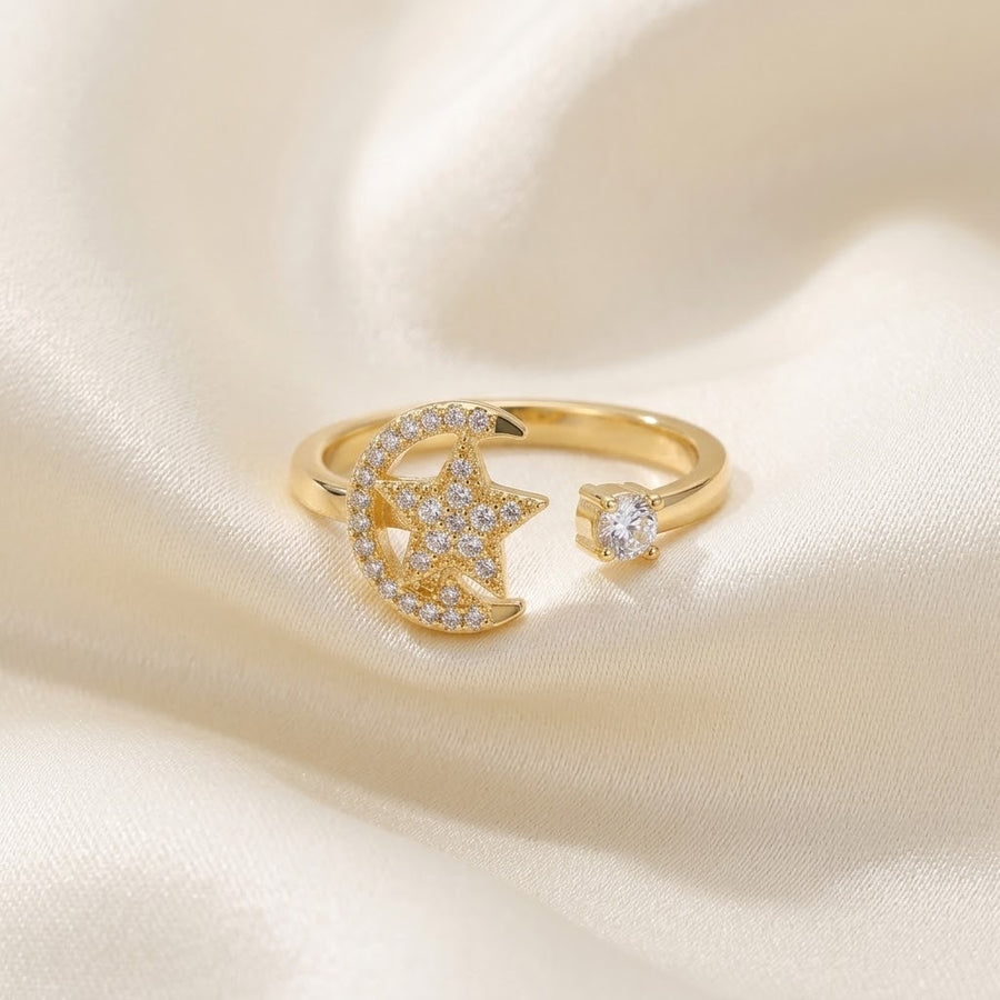 Female Star Moon Zircon Open Ring - Unique Statement Ring