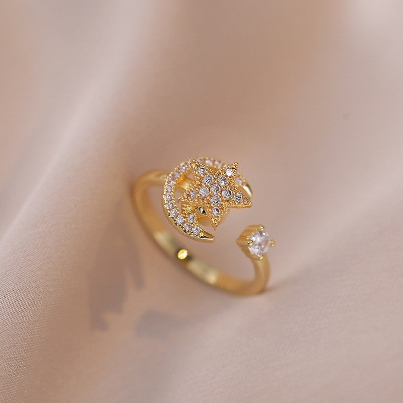 Female Star Moon Zircon Open Ring - Unique Statement Ring