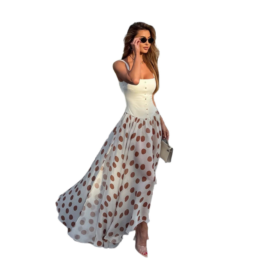 Sexy Waist-cinching Strap Maxi Dress with Polka Dots