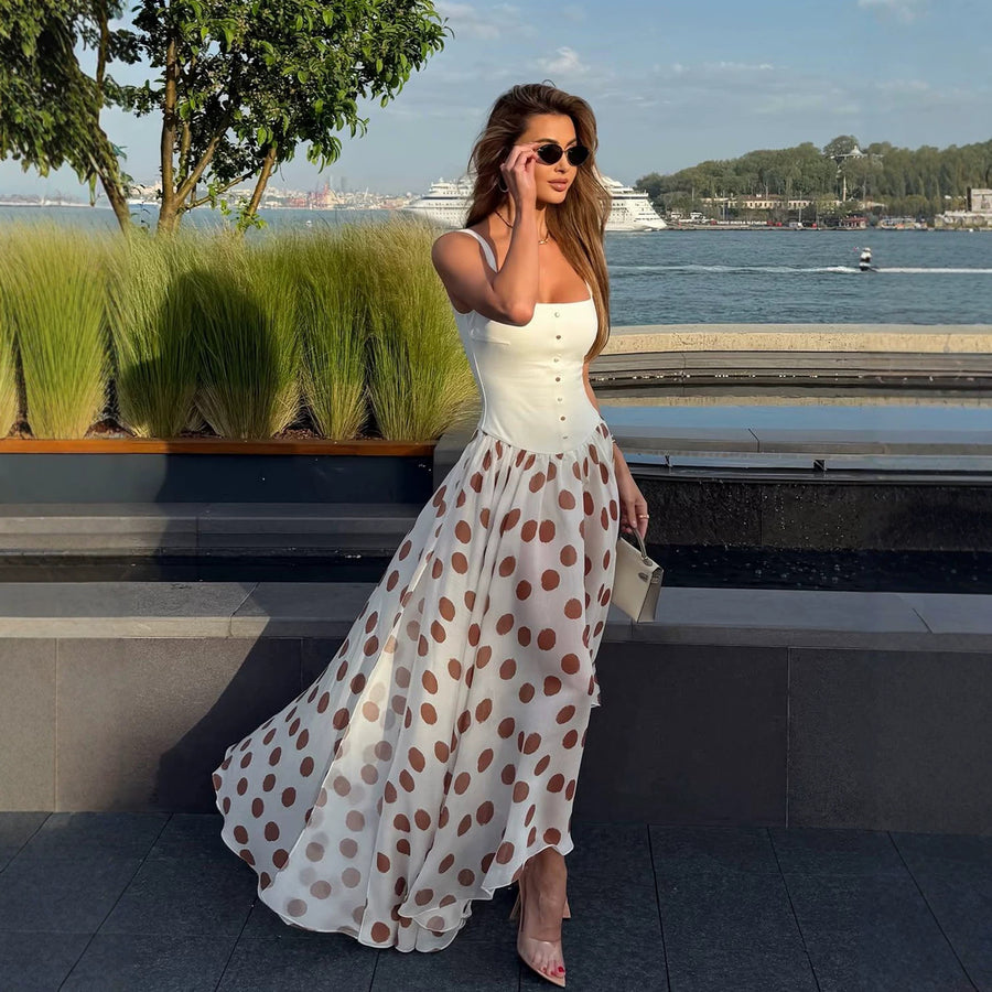 Sexy Waist-cinching Strap Maxi Dress with Polka Dots