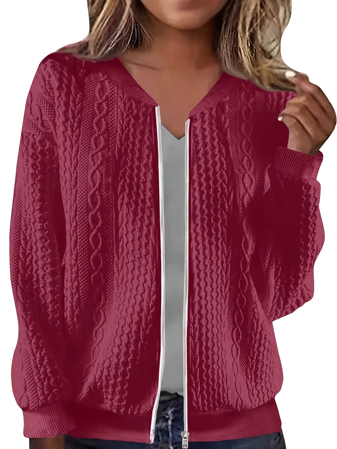 Womens Plus-size Zip-up Cable-knit Long-sleeve Jacket