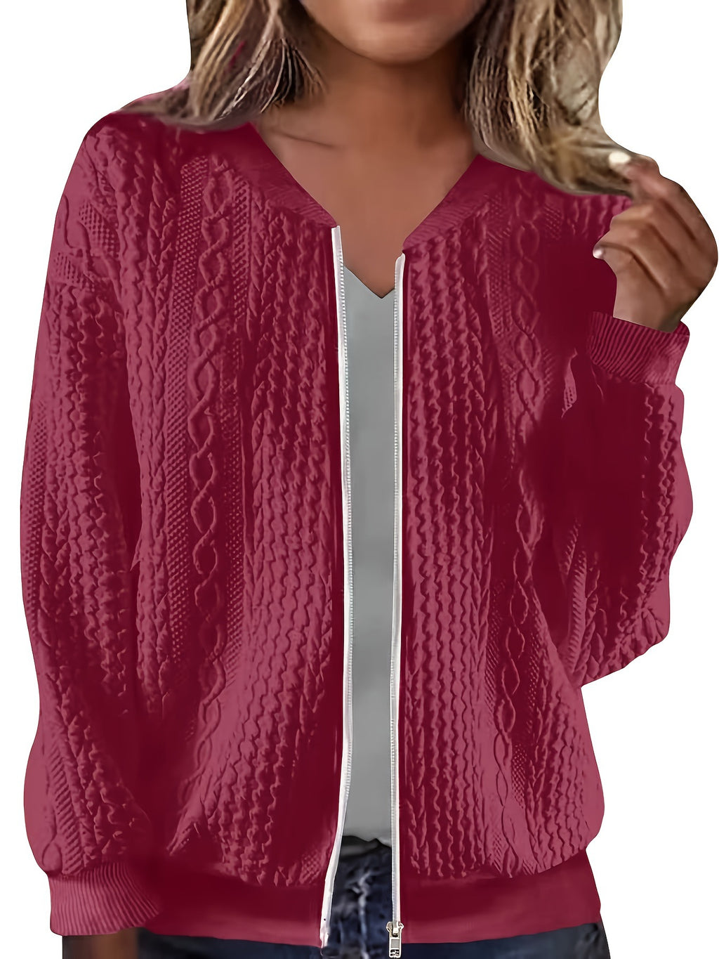Womens Plus-size Zip-up Cable-knit Long-sleeve Jacket