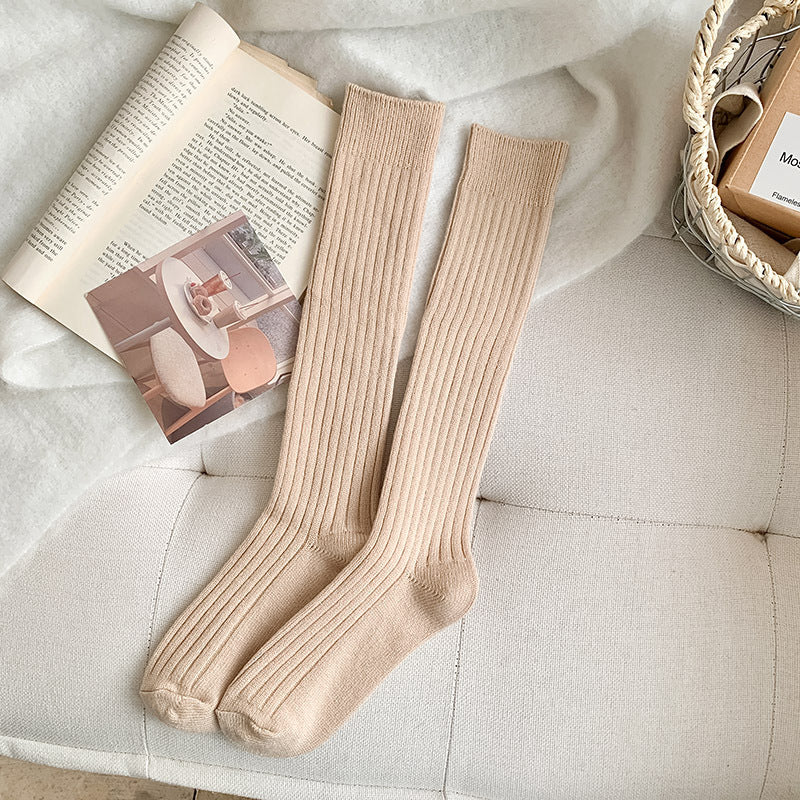 Solid-color Vertical-striped JK-style Long Socks for Women