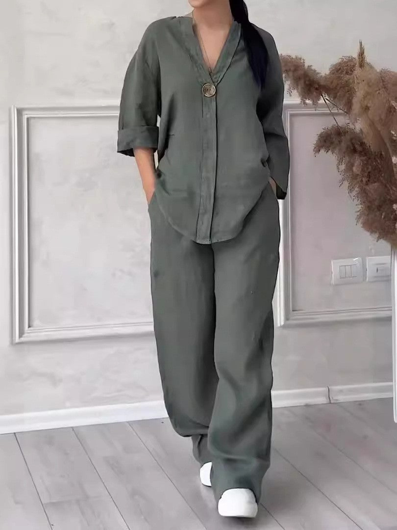 Relaxed-fit Top And Wide-leg Pants Casual Cotton-linen Set