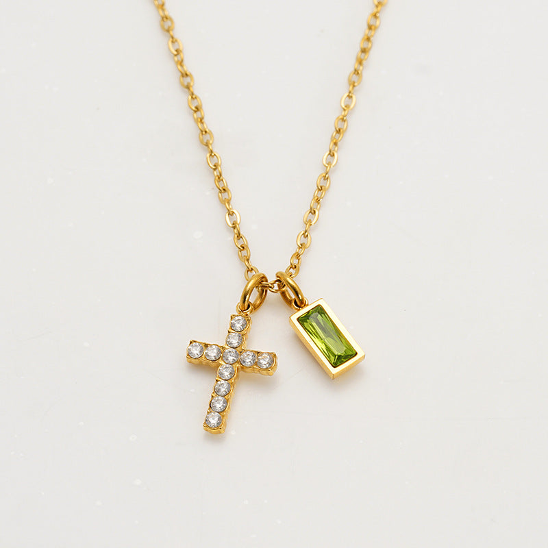 Minimalist Cross Choker Necklace with December Birthstone